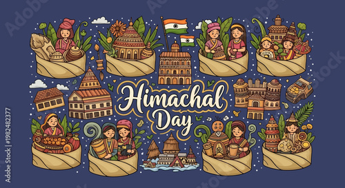 Festive vector illustration celebrating Himachal Day, showcasing cultural heritage landmarks and people in traditional dress arranged in decorative baskets against a dark blue background