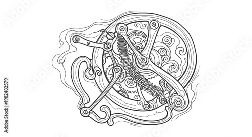 Intricate steampunk-style mechanical mechanism, ornate clockwork gears and springs, hand-drawn vintage industrial machine illustration.
