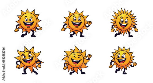 Cartoon sun characters in various poses on white background