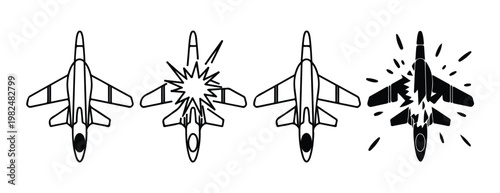 Military fighter jet plane crash sequence vector silhouette icon showing combat explosion.
