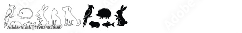 Minimalist pet animal icons set, black line art and solid silhouette vector illustrations, domestic pet shop symbols for web and print design