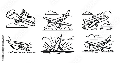 Airplane accident scenes and plane crash icons vector set with water effect.