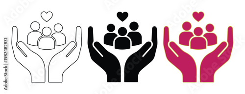 Community care icon set with hands holding people and heart, charity and social support symbols, nonprofit organization vector graphics
