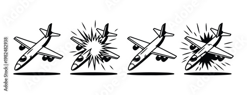 Illustration set showing airplane mid air explosion with sharp flash lines and crash impact.