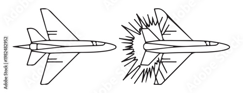 Jet fighter plane breaking apart and explosion effect vector icons.