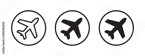 Set of black airplane silhouettes tilted inside round borders for flight tracking and apps.