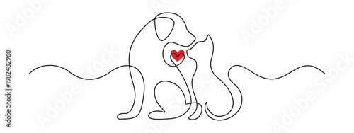 Continuous one line drawing of cat and dog together. Minimalist pet illustration with cute puppy and kitten in simple outline style. Veterinary clinic logo concept. Doodle vector illustration