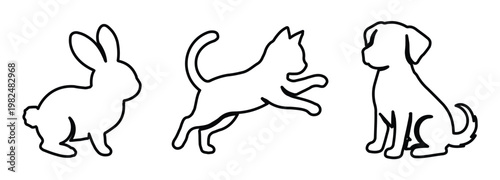Minimalist pet line art icons, set of 3 animal vector outlines including a rabbit, cat, and dog, simple black stroke illustrations for veterinary branding