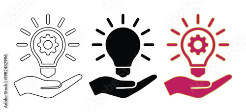 Light bulb icon set with hand and gear, innovation and creative solution concept vectors, business idea and engineering symbols in black and red