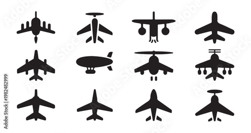 Set of plane icons, transport airplane, civil aircraft, military aircraft, airship, helicopter.
