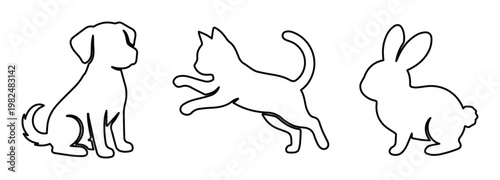 Minimalist pet line art icons, black outline dog cat and rabbit silhouettes, simple animal vector set for veterinary and pet shop branding