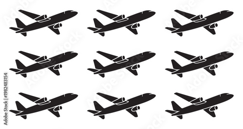 Aviation fleet icons showing passenger aircraft in perspective view for travel agency advert.