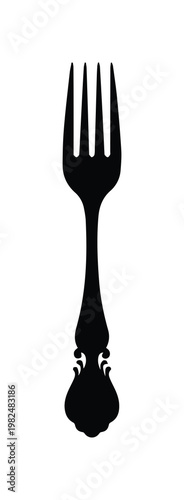 Vintage fork silhouette vector icon, ornate antique silverware cutlery element, black classic dinnerware fork for restaurant menu design