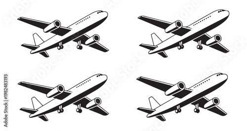 Set of four simple black and white airplane vector illustrations on a white background.