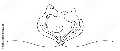 Continuous one line drawing of cat and dog together. Minimalist pet illustration with outline silhouette. Perfect for veterinary clinic logo, animal care design, or modern pet adoption artwork