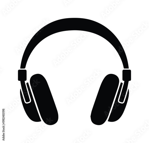 Minimalist headphones vector icon, black silhouette of over-ear music headset, modern audio equipment symbol for podcast and dj branding