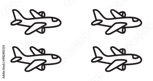 Collection of simple airplane outlines featuring side perspective with visible jet engines.