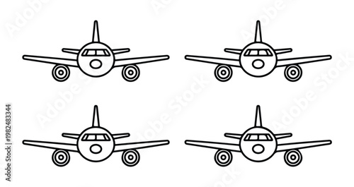 Front view airplane icons showing commercial jet cockpit wings and engines in outline style.