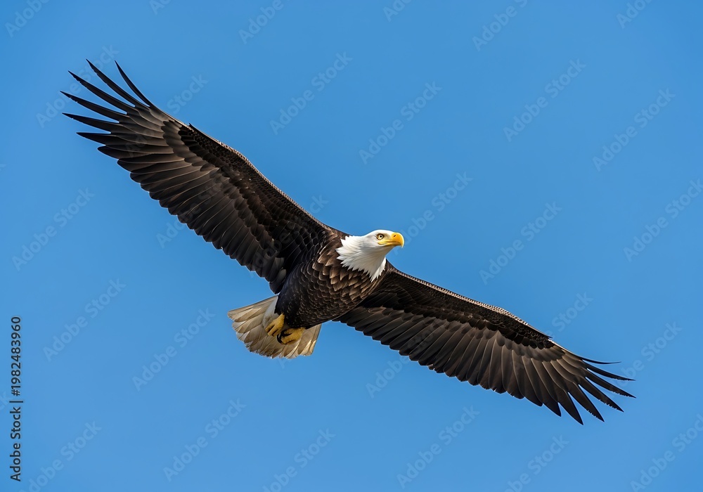 Obraz premium Majestic Bald Eagle Soaring Freely in a Clear Blue Sky.