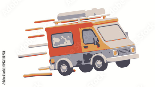 A stylized illustration of a fast-moving camper van with a roof rack, depicted with motion lines against a white background.