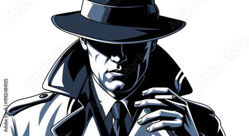 Mysterious Detective in Fedora and Trench Coat Smoking Cigarette, Noir Film Style