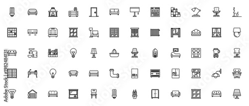 Household icon set. Vector illustration of home items including light bulb, sofa, fireplace, door, wardrobe, window, appliances and more. Editable stroke.