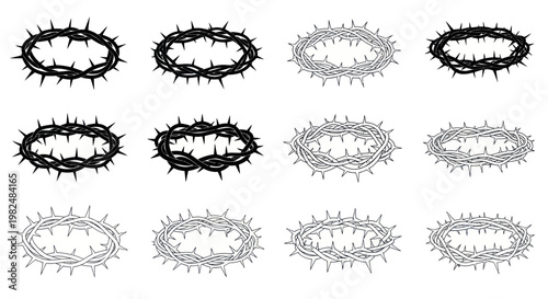 Thorn Crown Icon Set: Black and White Illustrations