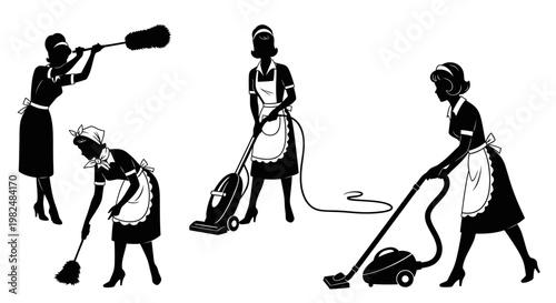 Vintage Maid Silhouettes Cleaning: Dusting, Mopping, Vacuuming