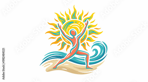 Yoga Pose by the Beach with Sun and Waves