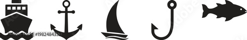 Set of black nautical featuring a ship, anchor, sailboat, fishing hook, and a fish silhouette