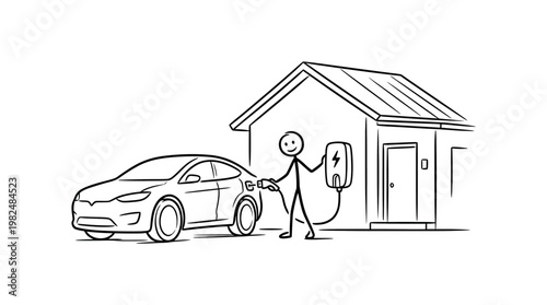 Electric Vehicle Charging at Home Cartoon