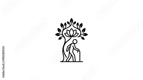 Elderly Person Walking with Cane Under Blooming Tree