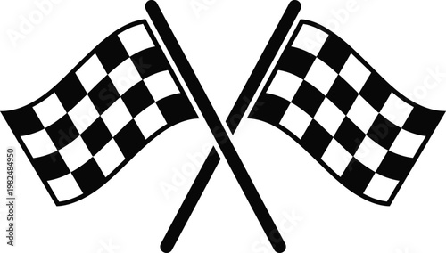 Racing checkered flags, crossed waving symbols, black and white vector icons, sports finish line markers