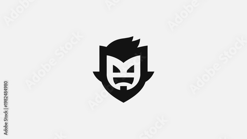 Minimalist black and white logo featuring a stylized, fierce character face with spiky hair and a beard, enclosed within a shield shape, representing strength and identity.