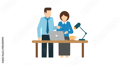A man and a woman in professional attire collaborate on a project while looking at a laptop computer on a desk in a flat vector style.