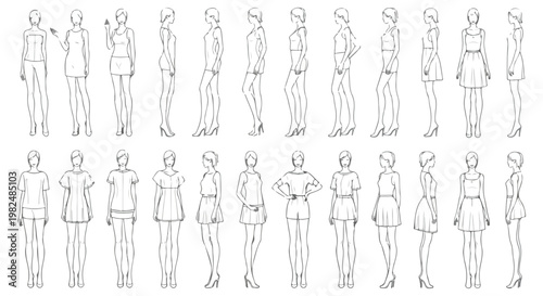 Set of 32 Female Fashion Croquis Sketch Templates Vector