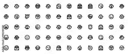 Emoticons icon set. Vector emoji collection. Includes nerd, crying, happy, doctor, alien, vampire, pirate, shocked, laughing and more. Editable thin line icons.
