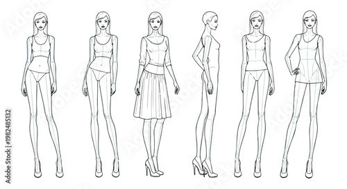 Set of 6 Fashion Croquis Templates Line Art Vector