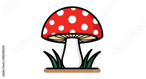 Cartoon red mushroom with white spots in green grass illustration.