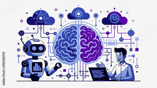 A robot and a person collaborating with a central brain icon, representing artificial intelligence, cloud computing, and data processing.