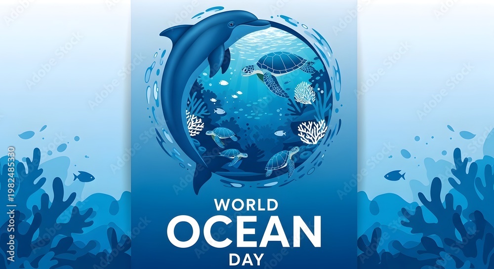 Obraz premium World ocean day poster with dolphin and sea turtle