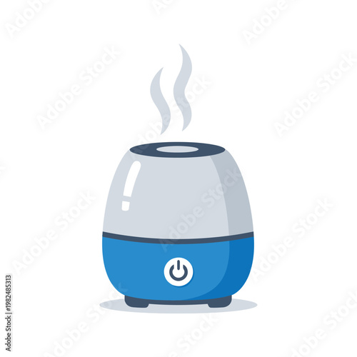 Flat vector illustration of a modern blue and grey air humidifier with steam rising