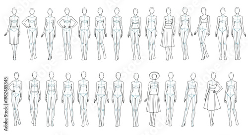 Set of 32 Female Fashion Croquis Models Vector Illustration