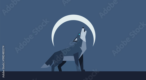Stylized graphic illustration of a wolf howling at a crescent moon.