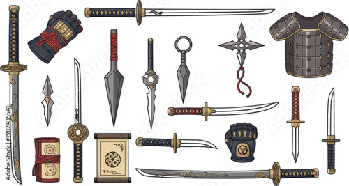Samurai weapons and armor collection with swords, shuriken and traditional gear, detailed vector illustration set for martial arts, history, combat and Japanese culture themes