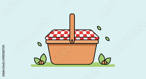 Flat Vector Illustration of a Picnic Basket with Red Gingham Pattern.