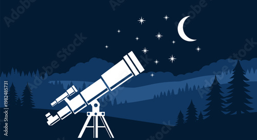 A detailed white silhouette illustration of a telescope mounted on a tripod for astronomical observation.