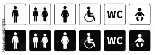 Comprehensive restroom and facility icon collection covering all needs: men, women, unisex, disabled, and baby changing. Includes light and dark versions. Perfect for signage, design, architecture, an