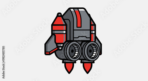 A cartoonish illustration of a futuristic robot head with red accents.
