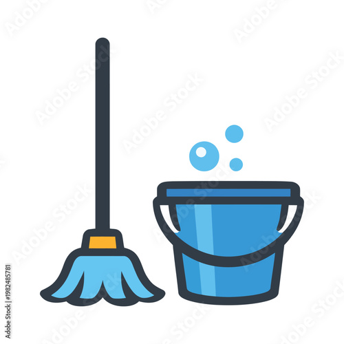 Cleaning equipment illustration featuring a blue mop and a bucket with soapy water bubbles.